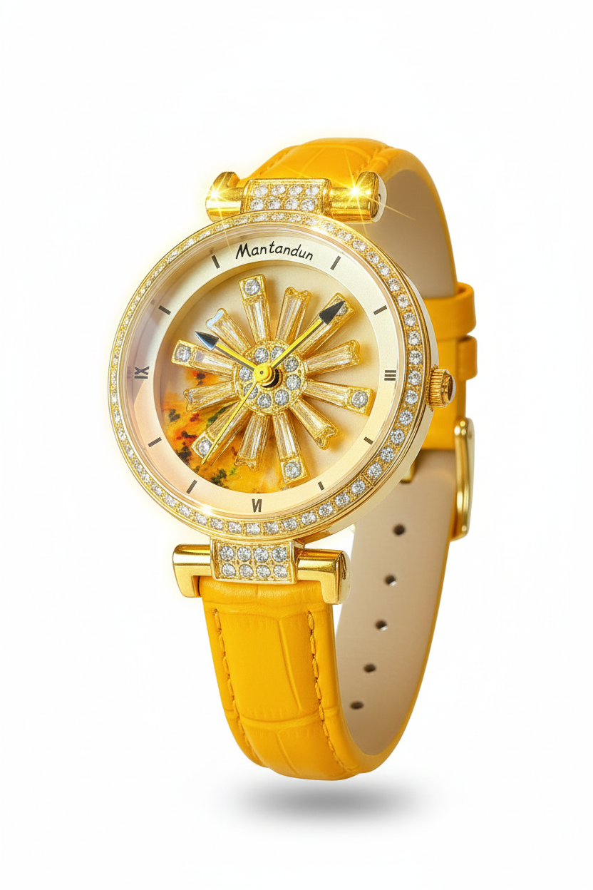 Relógio Mantandun Girassol Dourado - Cristais Genuínos